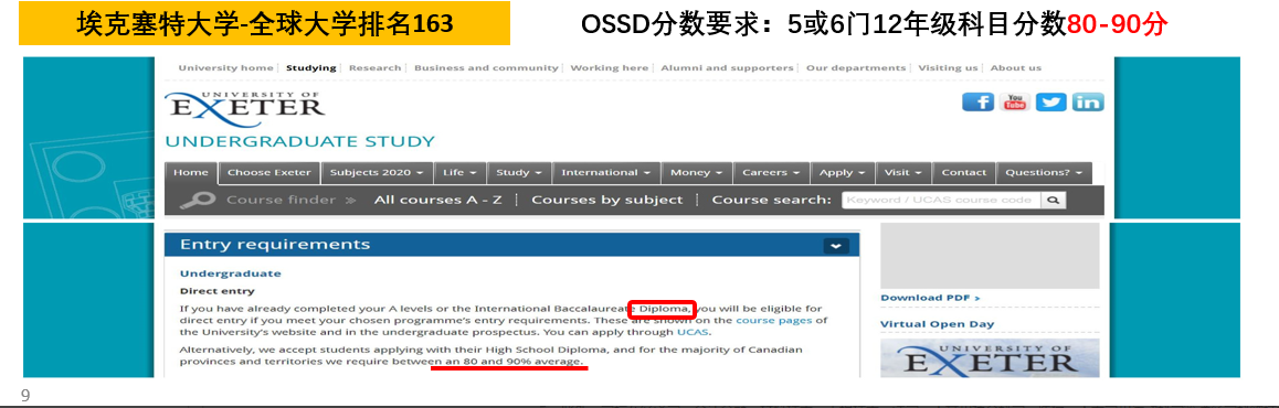 英國埃克塞特大學OSSD課程分數的錄取要求